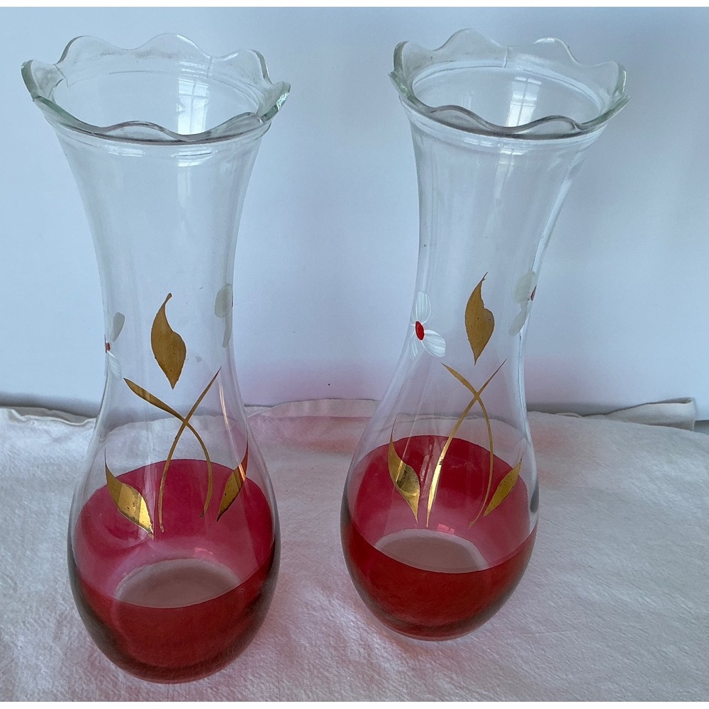 Bartlett Collins Vintage Glass Bud Vases Cranberry Red‎ Hand Painted Floral 8"